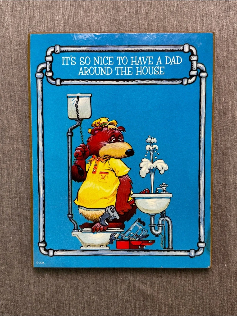 Vintage 1980s Dad Bear Wooden Wall Plaque Papa Bear Plumbing Decor Around House